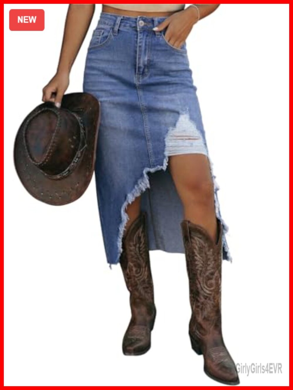 High Waisted Distressed Denim Midi Skirt Button Front Ripped Western